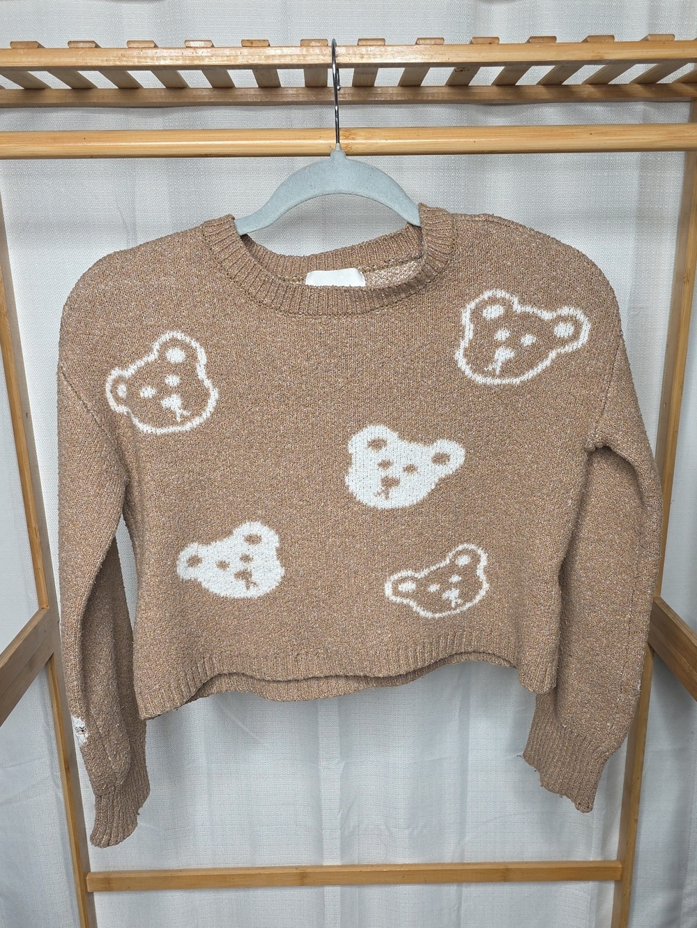 Kids Cropped Teddy Intarsia Sweater - Tan